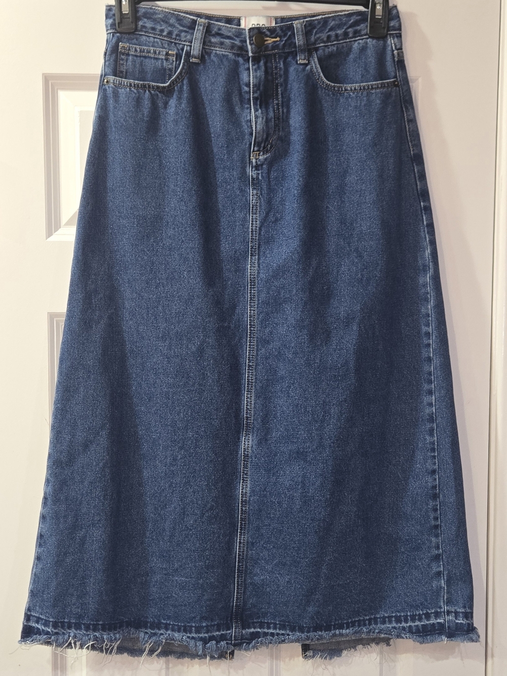 BDG Women's Blue Denim Cotton A-Line Midi Skirt Raw Hem Slit Pockets